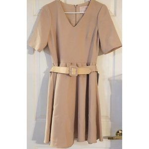 Gal Meets Glam Fit And Flare Short Sleeve Khaki Dress With Accented Belt